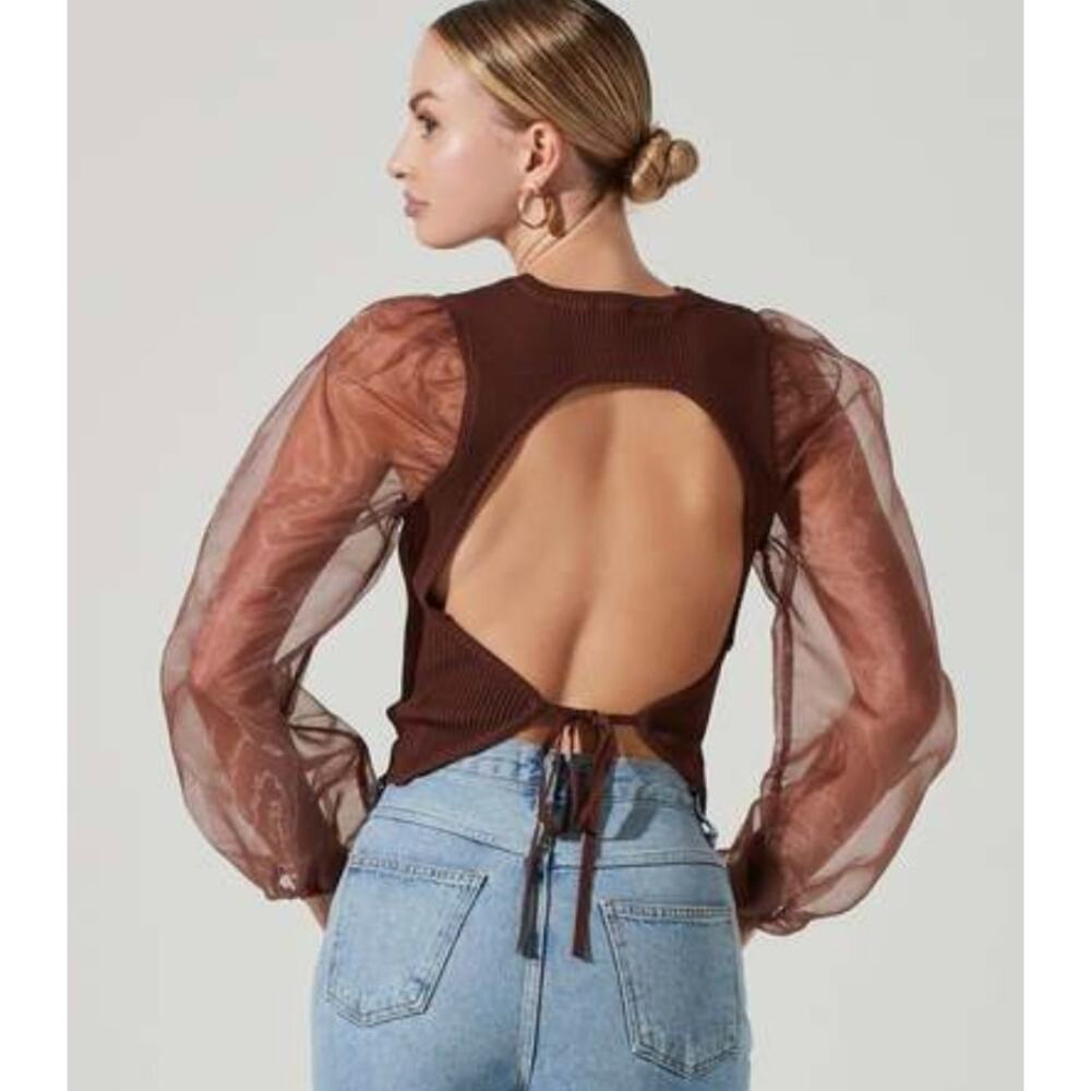 ASTR The Label womens Audrina Chiffon sleeve open back brown sweater size XS - Picture 1 of 7